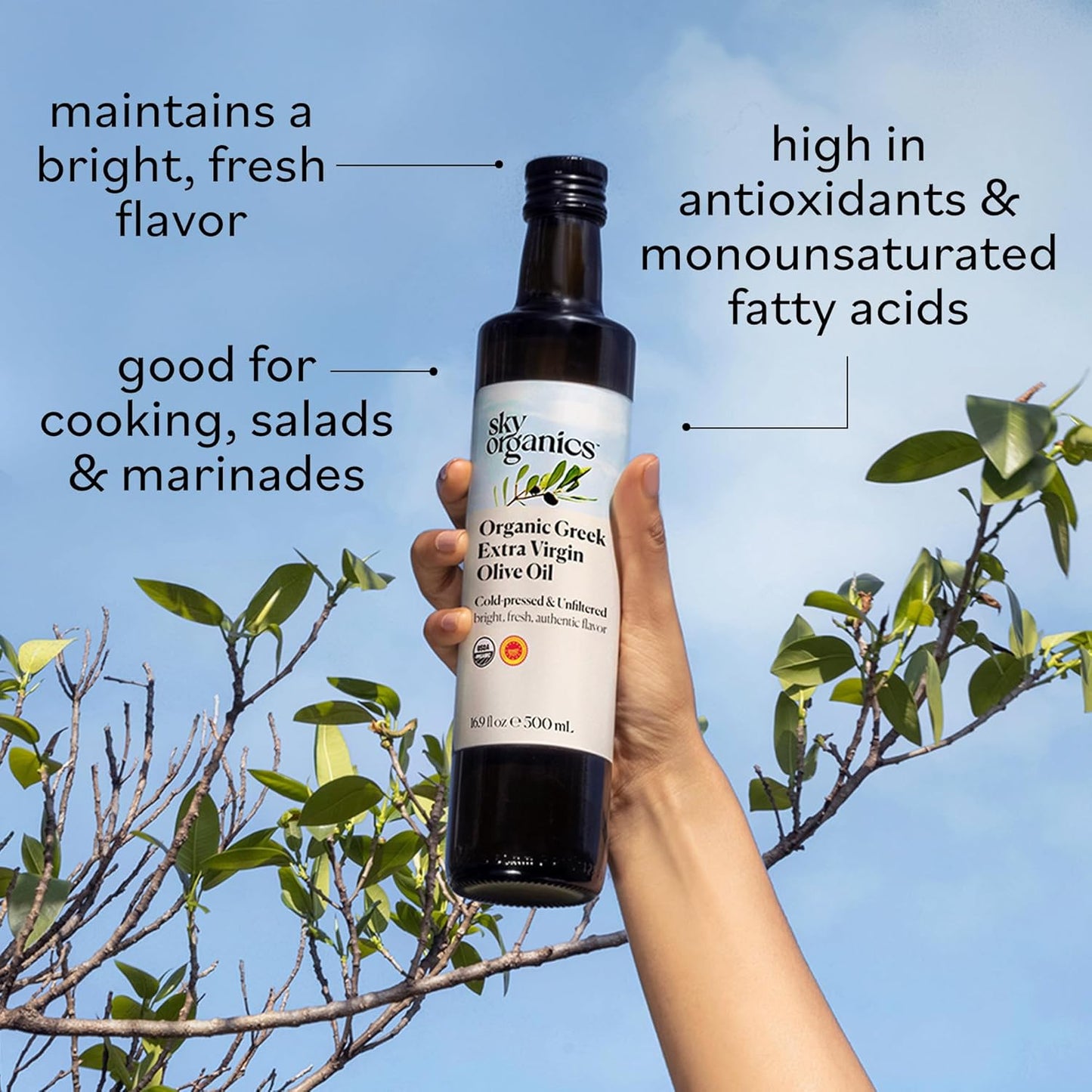 Sky Organics - Organic Extra Virgin Olive Oil, 16 fl oz - Cold Pressed & Unfiltered - Bright, Fresh, Authentic Flavor - Sourced from Farmers in Greece - 100% Pure - Kosher - Natural, Vegan, & Soy Free