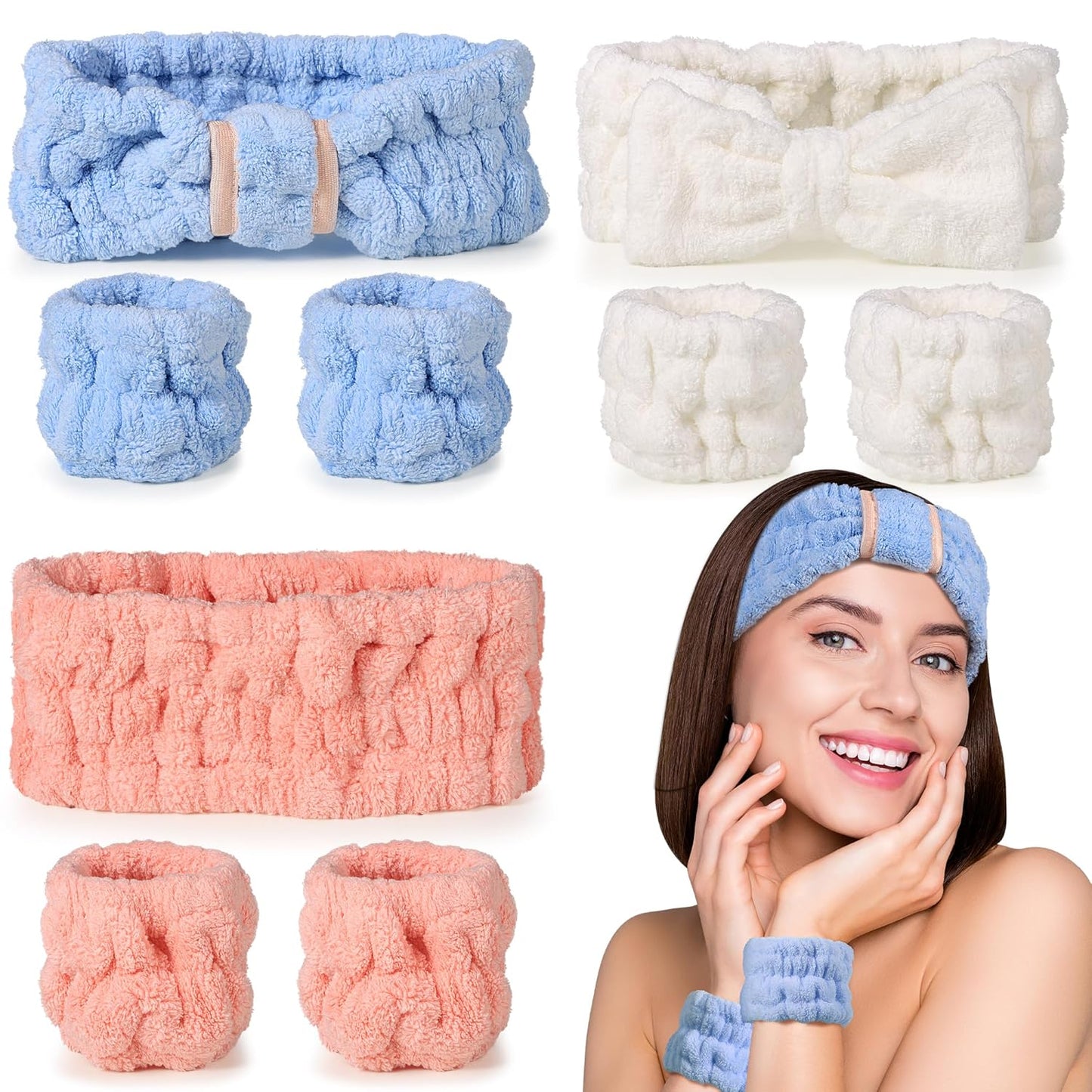 Spa Headband and Wristband Set - 3-Piece Skincare Headbands & 6-Piece Wrist Spa Wristbands for Women,Facial Hairbands for Washing Face, Makeup, Sports, Yoga, Headband for Washing Face