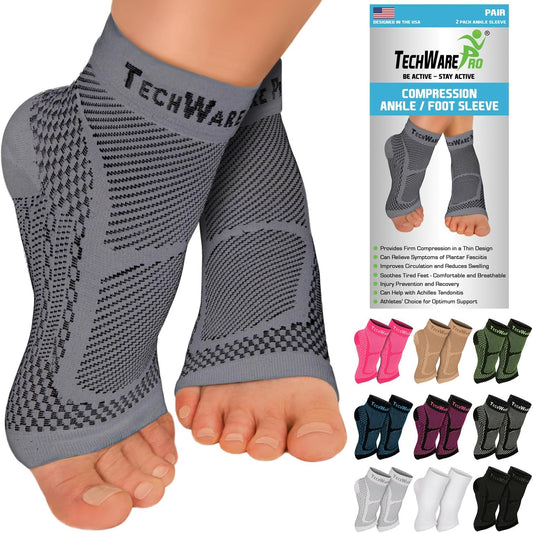 TechWare Pro Ankle Brace Compression Sleeve - Plantar Fasciitis Sock. Relieves Achilles Tendonitis. Foot Arch Support Reduces Joint Pain, Swelling & Heel Spur Pain. Injury Recovery Braces for Sports