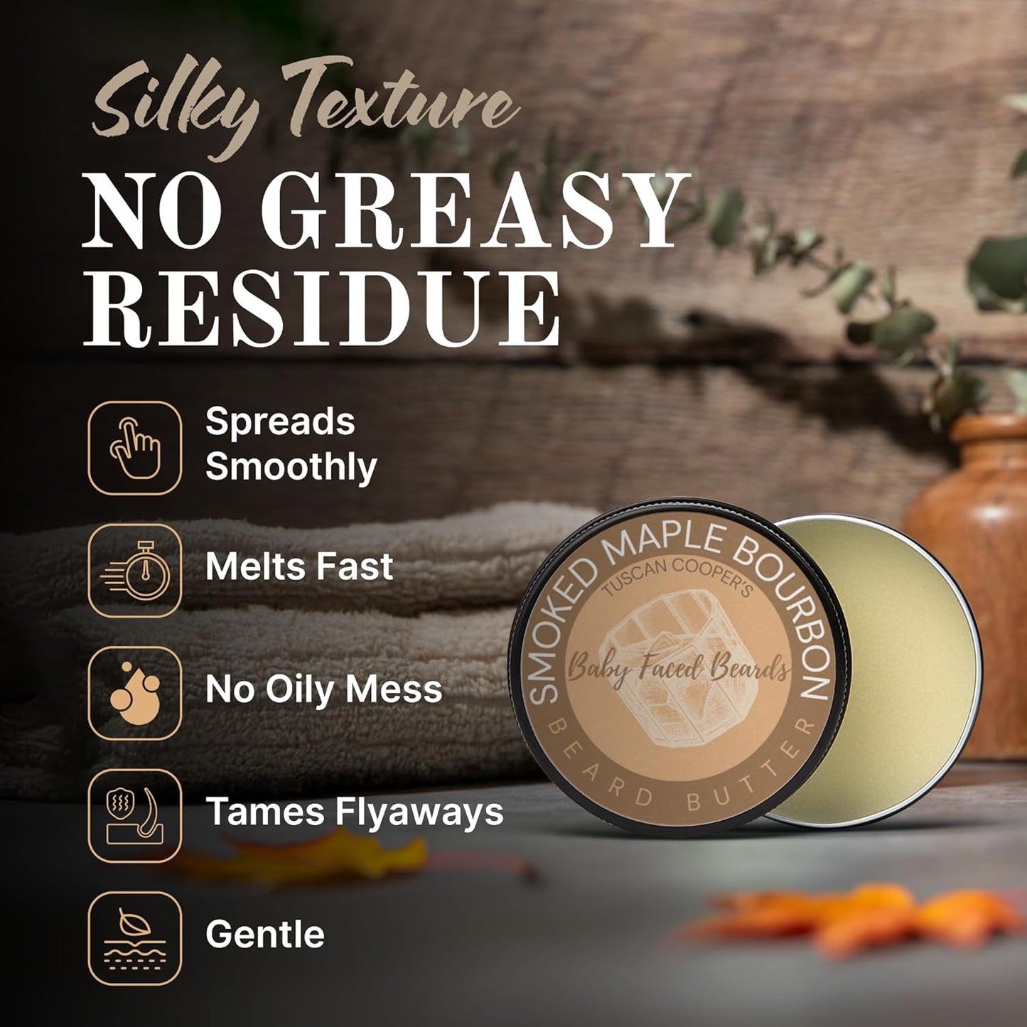 Tuscan Cooper's Baby Faced Beards Butter for Men - Moisturizing Beard Balm Cream and Softener for All Hair Types Including Coarse Hair - 4oz Hydration and Conditioning Care - Smoked Maple Bourbon