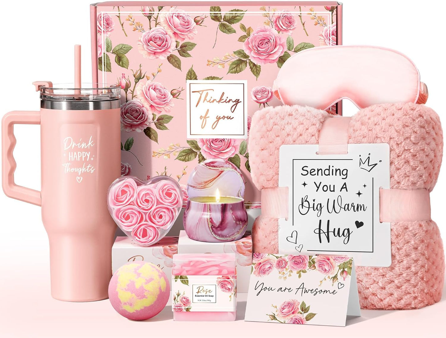 Birthday Gifts for Women Self Care Get Well Soon Gifts, Rose Relaxing Spa Gifts Box Care Package Basket w/ Luxury Flannel Blanket 40 oz Tumbler, Christmas Gifts Set for Mom Her Wife Girlfriend Sister