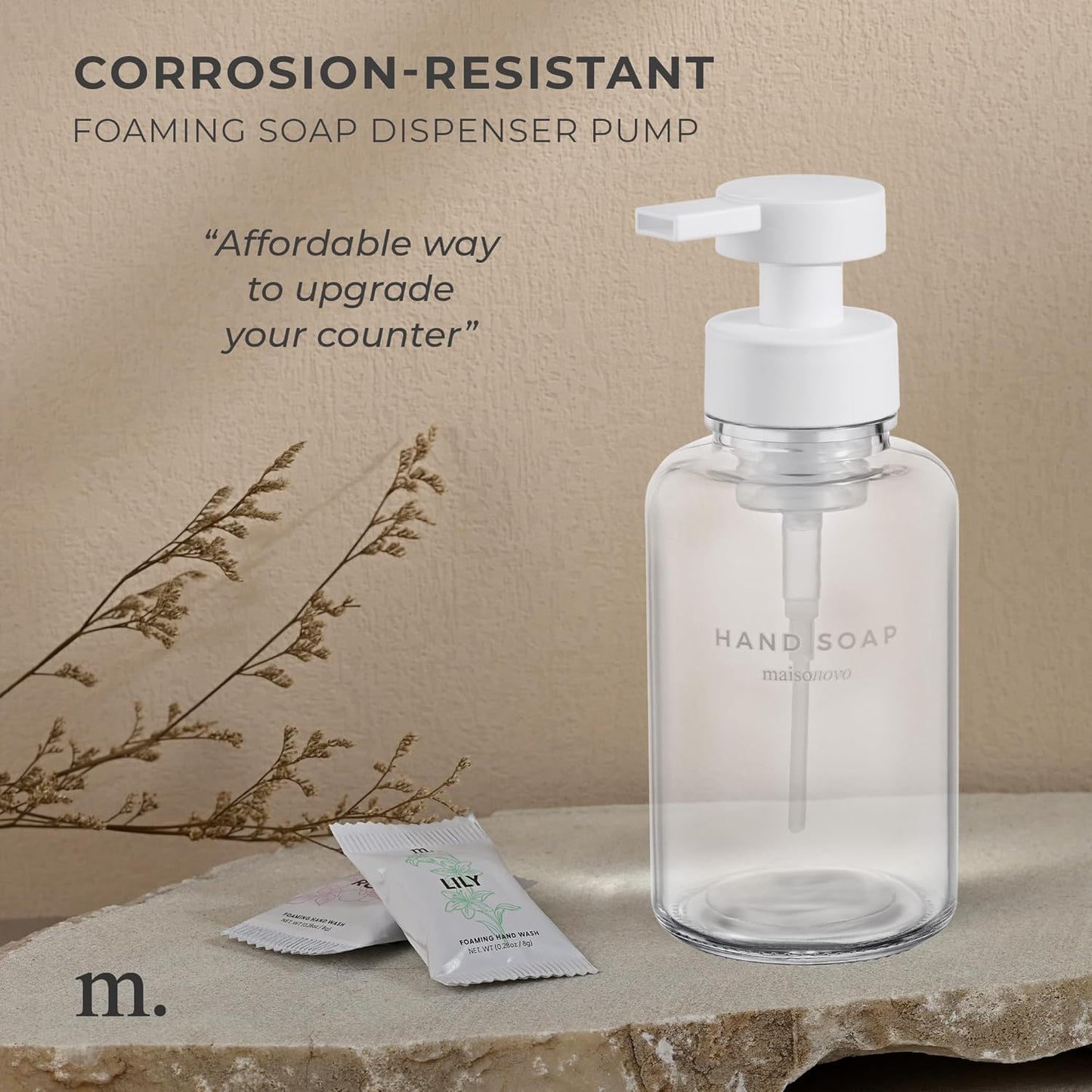 MaisoNovo Glass Foaming Hand Soap Dispenser 14 Oz | Clear Foaming Soap Dispenser Clear Bottle White Pump x 1 w/Labels