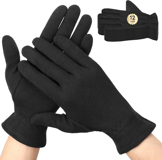 Segbeauty 24 Counts Elastic Black Cotton Gloves Work, 12 Pairs Moisture Lotion Cotton Gloves for Dry Hands Overnight with Elastic Band for Jewelry, At Home Spa Sleep Glove Soft Reusable Gel Glove Bulk