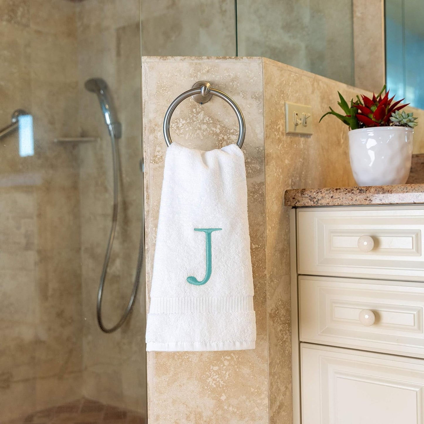 White Hand Towel for Bathroom - Monogrammed Initial Hotel Quality Decorative Embroidered Towel for Powder Room, Spa - GOTS Organic Certified - Set of 2 Teal Letter J