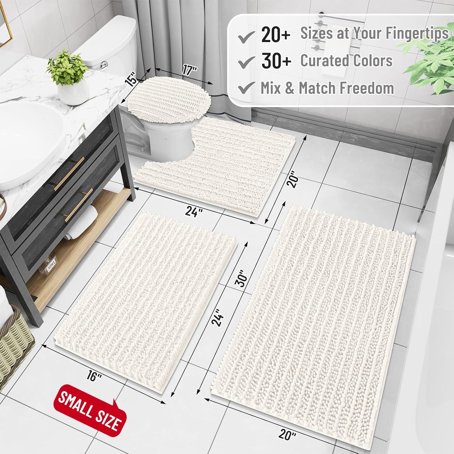 Arotive Luxury Chenille Bathroom Rug Mat, Extra Soft Thick Absorbent Shaggy Bath Rugs, Non-Slip Machine Wash Dry, Plush Bath Mats for Bathroom, Shower and Tub, 40x32, Ivory