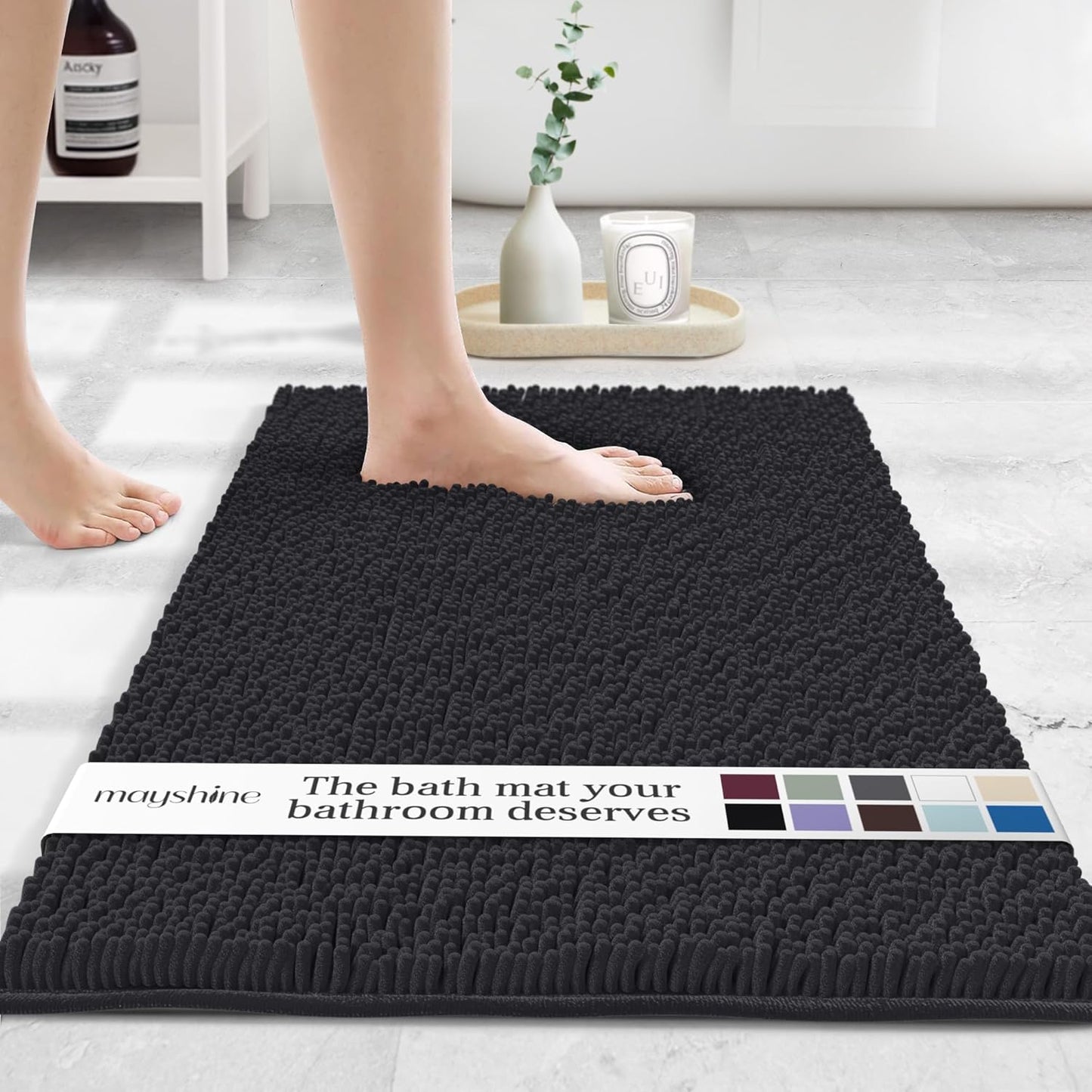 MAYSHINE Plush Shaggy Chenille Bath Mat | Extra Soft, Super Absorbent, Non-Slip Bathroom Rug | Fluffy Microfiber, Area Rug Sets for Bathroom Floor, Kitchen, Living Room | 24"x17" | Black