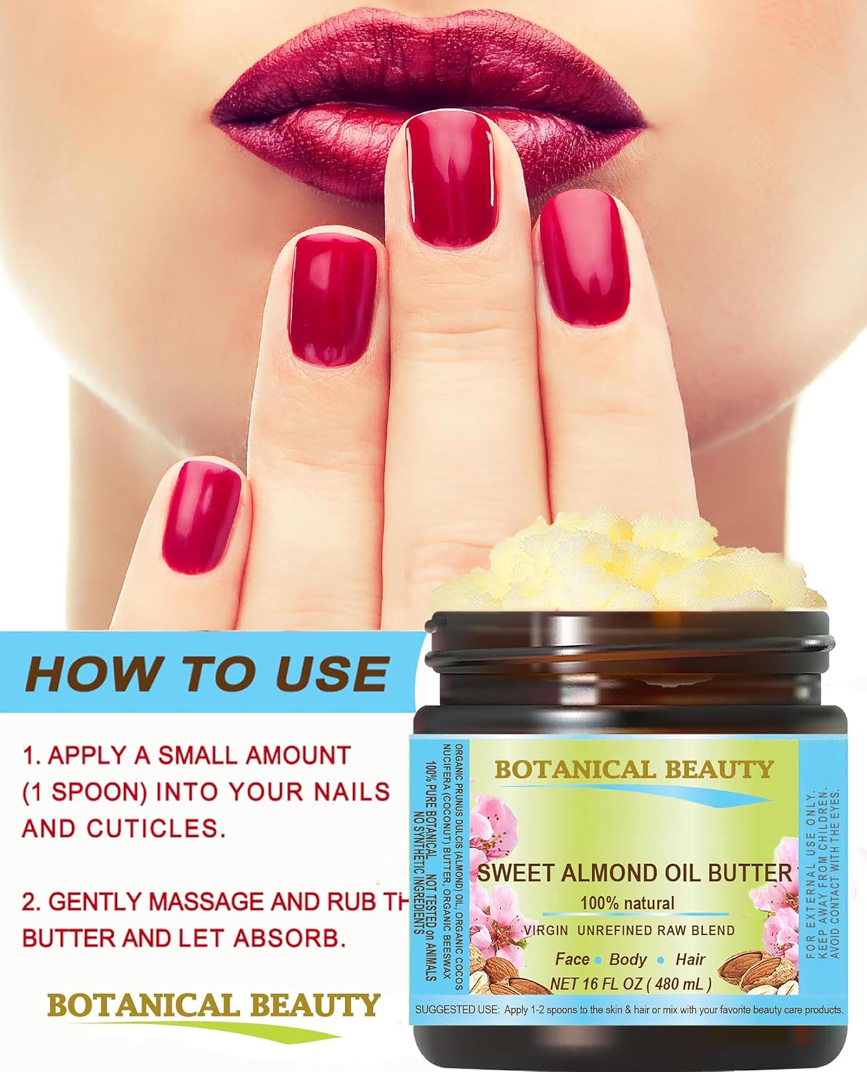 Botanical Beauty SWEET ALMOND OIL BUTTER Pure Natural Virgin Unrefined RAW for FACE, SKIN, BODY, DAMAGED HAIR, NAILS. (16 Fl Oz)