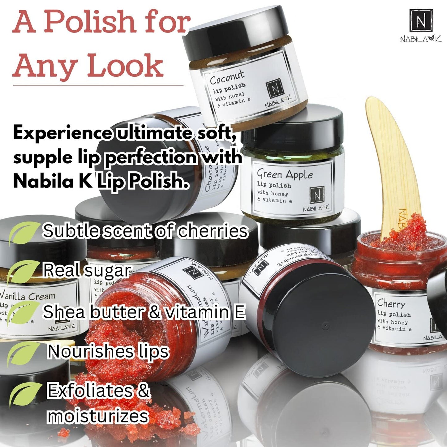 Cherry Lip Polish, 1 oz by Nabila K - Hydrating Lip Exfoliator & Moisturizer with Honey and Vitamin E for Dry and Chapped Lips - Cruelty-Free, Real Sugar, Made in USA