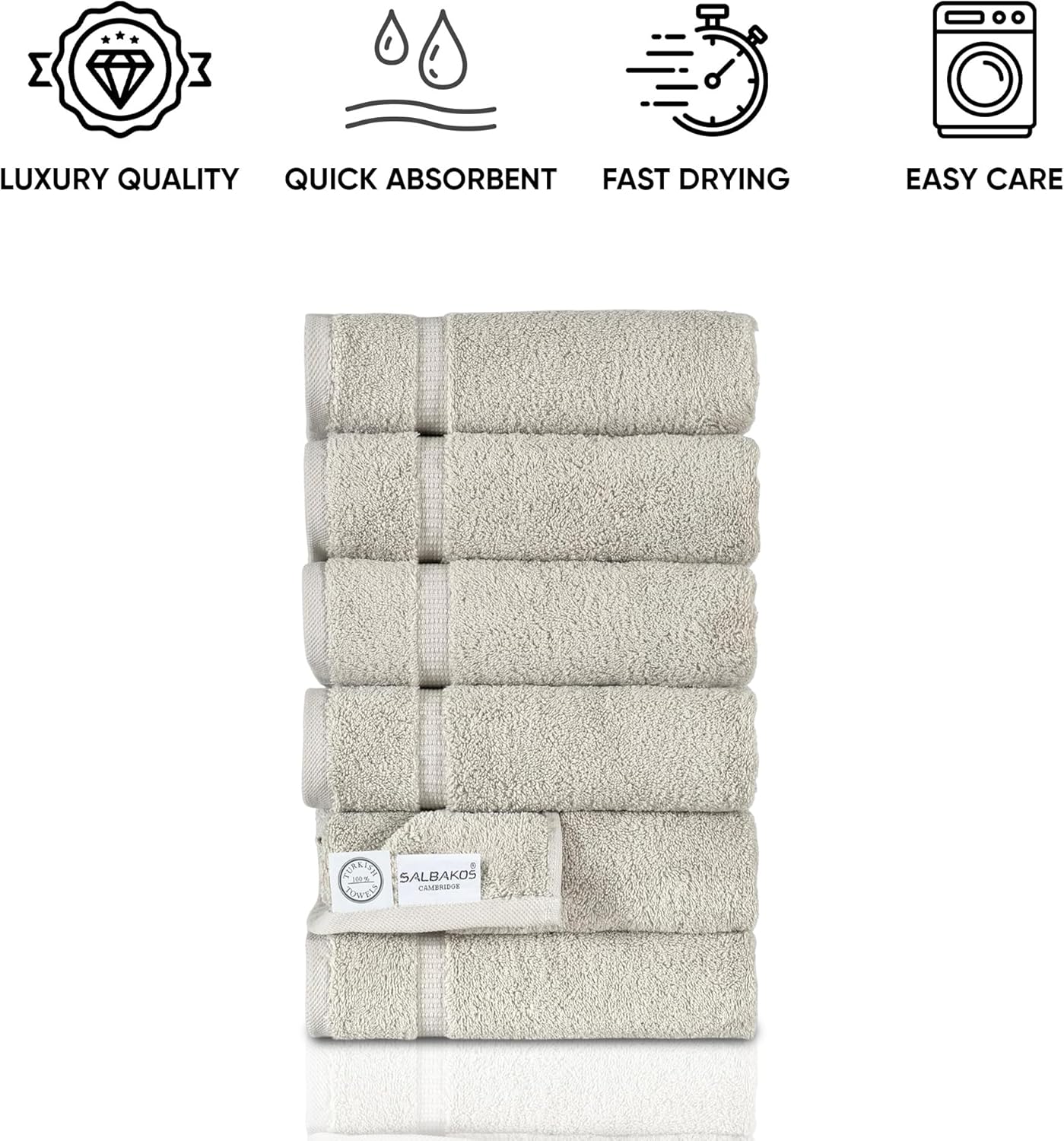SALBAKOS 100% Turkish Cotton Hand Towel Set of 6 16x30 inch | Heirloom Quality | Hotel & Spa Collection | Ultra Soft, Super Absorbent, Long Lasting Hand Towels | Made in Turkey (Stone, 6 Hand Towels)