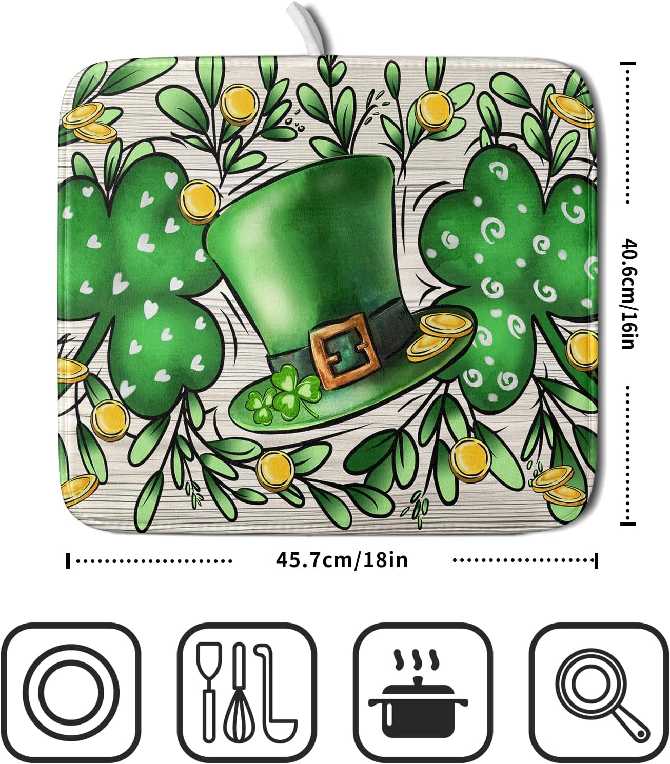 St Patrick's Day Shamrock Dish Drying Mat 16x18 inch Eucalyptus Leaves Dishes Pad Dish Drainer Mats Absorbent Fast Dry Kitchen Accessories