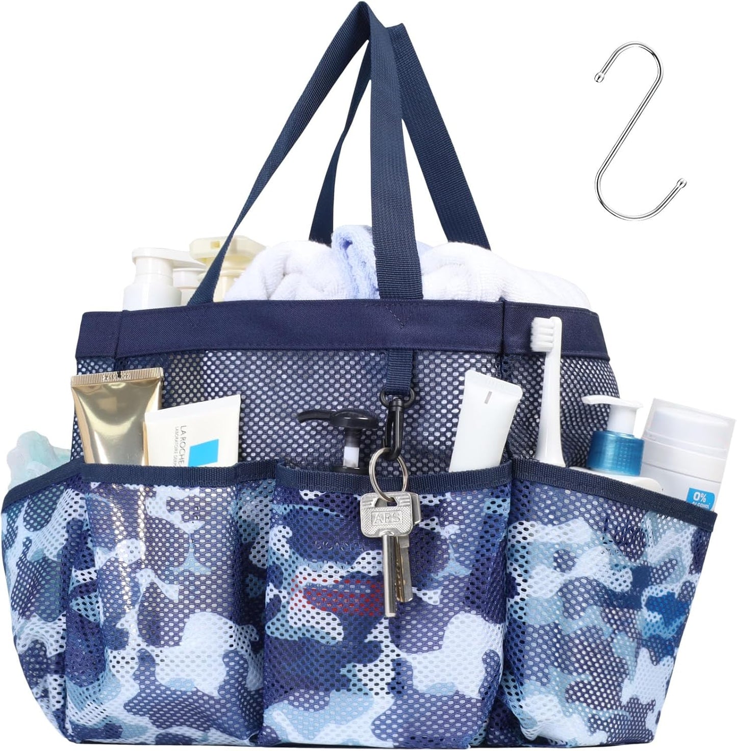 F-color Shower Caddy Portable - Mesh Shower Bag Basket Tote for College Dorm Room Essentials Bathroom Gym Camp Quick Dry for Women Men with S Hook, Dark Blue Camouflage