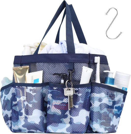 F-color Shower Caddy Portable - Mesh Shower Bag Basket Tote for College Dorm Room Essentials Bathroom Gym Camp Quick Dry for Women Men with S Hook, Dark Blue Camouflage