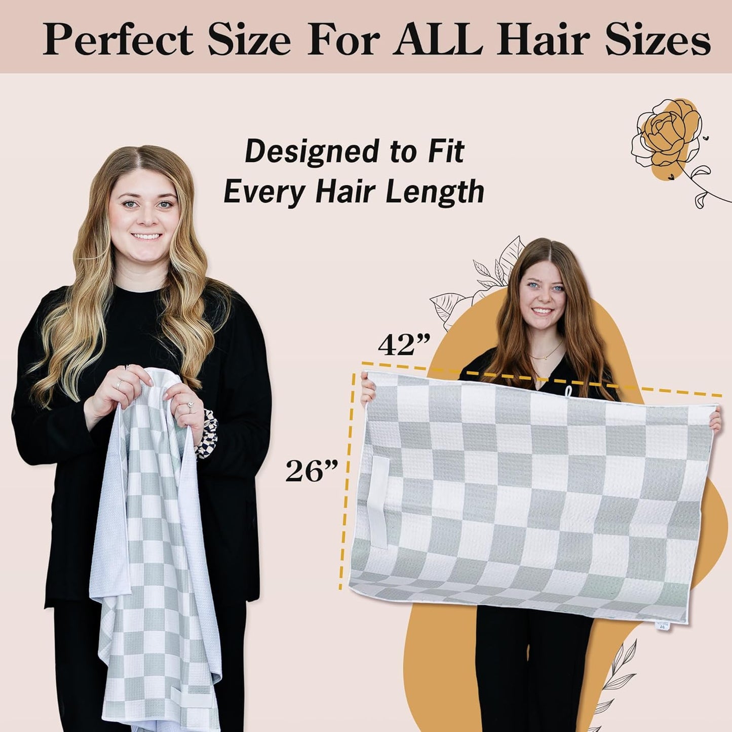 Greige Checkered Microfiber Hair Towel Wrap for Women: Quick Dry, Anti-Frizz Hair Drying Towel for Long, Curly, or Wet Hair. Soft Hair Wrap Turban for Shower, Spa & Travel
