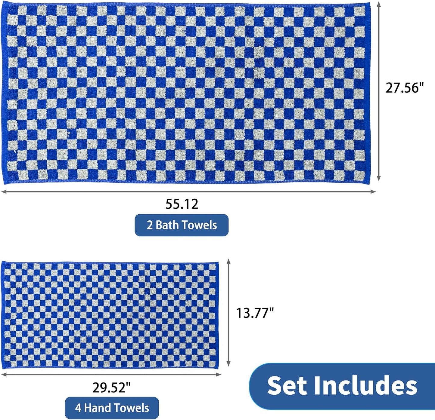 Checkered Bath Towels Set of 6 Large, 520GSM, 100% Cotton Shower Towels * 2 (55.12"*27.56"), Hand Towels * 4 (29.52"*13.77"),Towels for Bathroom、Pool、Hotel, Spa, Soft Absorbent（Midnight Blue