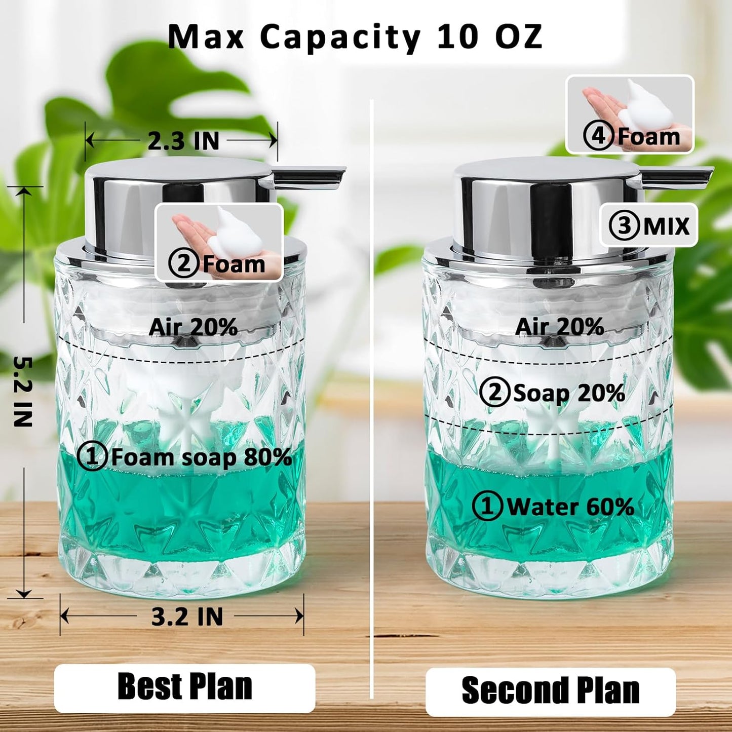 Bathroom Glass Soap Dispenser with Durable Rust-Proof Plastic Foam Pump Hand Lotion Dispenser Antislip Shampoo Kitchen 10oz 2 Pack