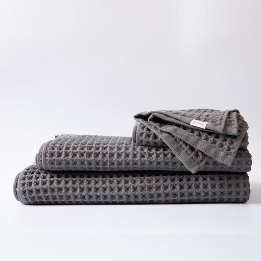 Luxury Japanese Cotton Silk Waffle Bath Towel | Plush, Absorbent, and Quick Dry | Free Storage Bag Included (Smoke Grey, Complete Towel Set (4-Piece))