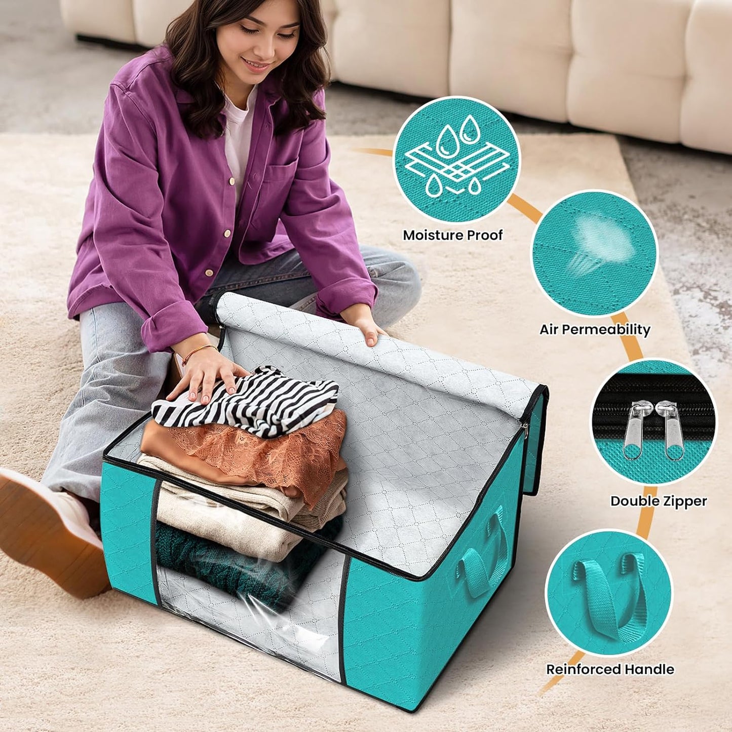 Fab totes 6 Pack Clothes Storage, Foldable Thick Fabric Blanket Storage Bags, Containers for Organizing Bedroom, Closet, Clothing, Comforter,Closet Organization with Handle,Green