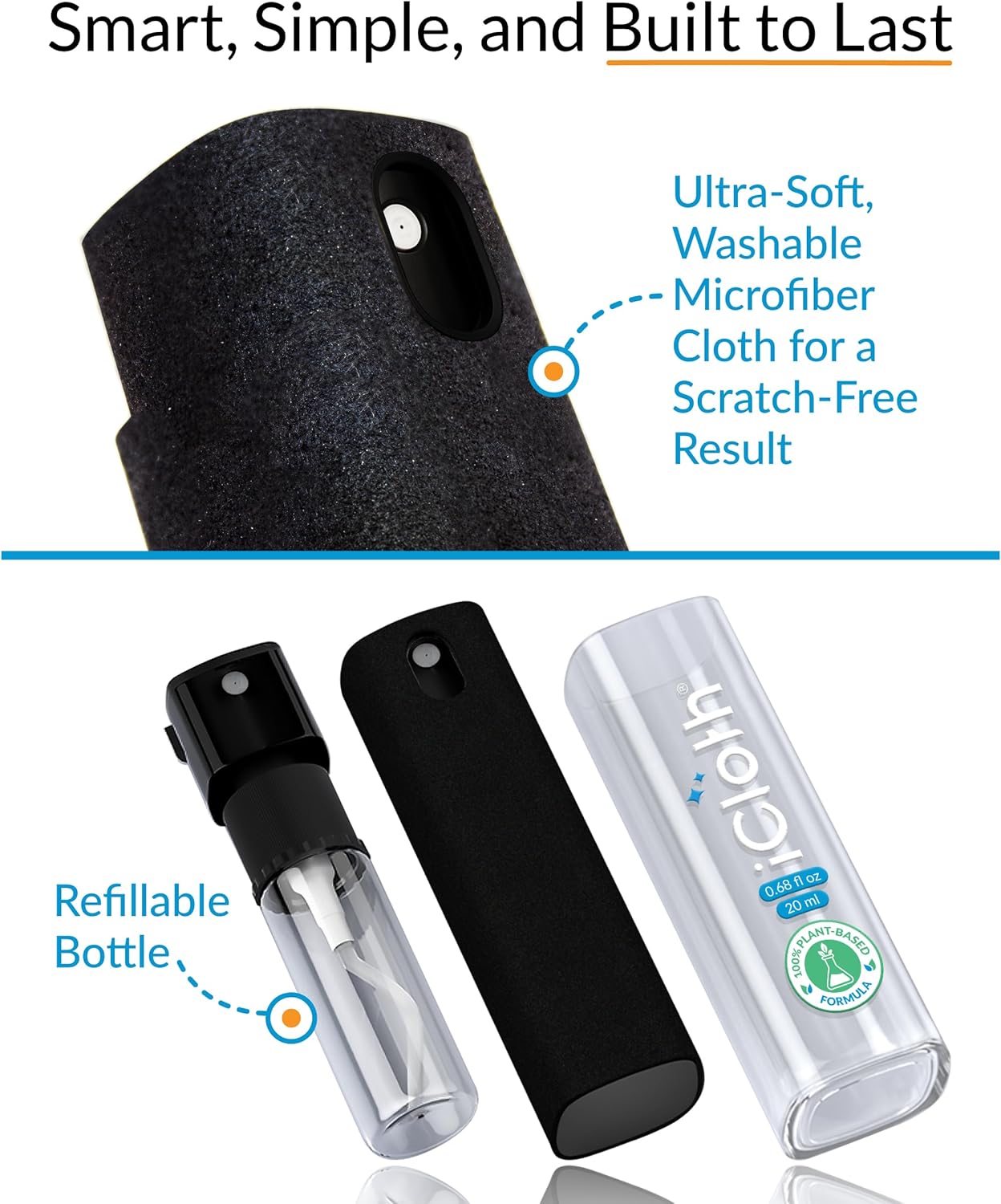 2X iCloth 2-in-1 Screen Cleaner Spray & Microfiber Cloth for Laptops, Tablets, Phones, Car Screens & Touchscreens, Streak-Free & Anti-Smudge, Large 0.68 fl oz (20ml) Bottle for Heavy Use