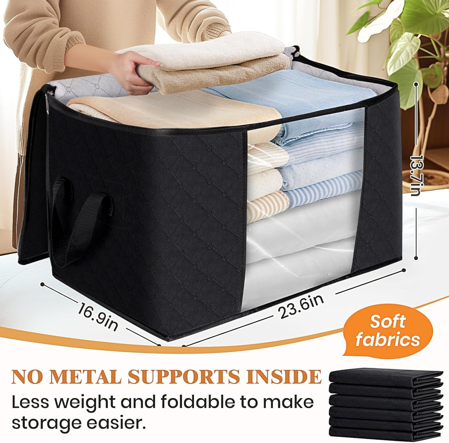 Fab totes 24 Gallons Clothes Storage, Foldable Thick Fabric Blanket Storage Bags, Containers for Organizing Bedroom, Closet, Clothing, Comforter, Organization with Handle (6 Pack,Black)