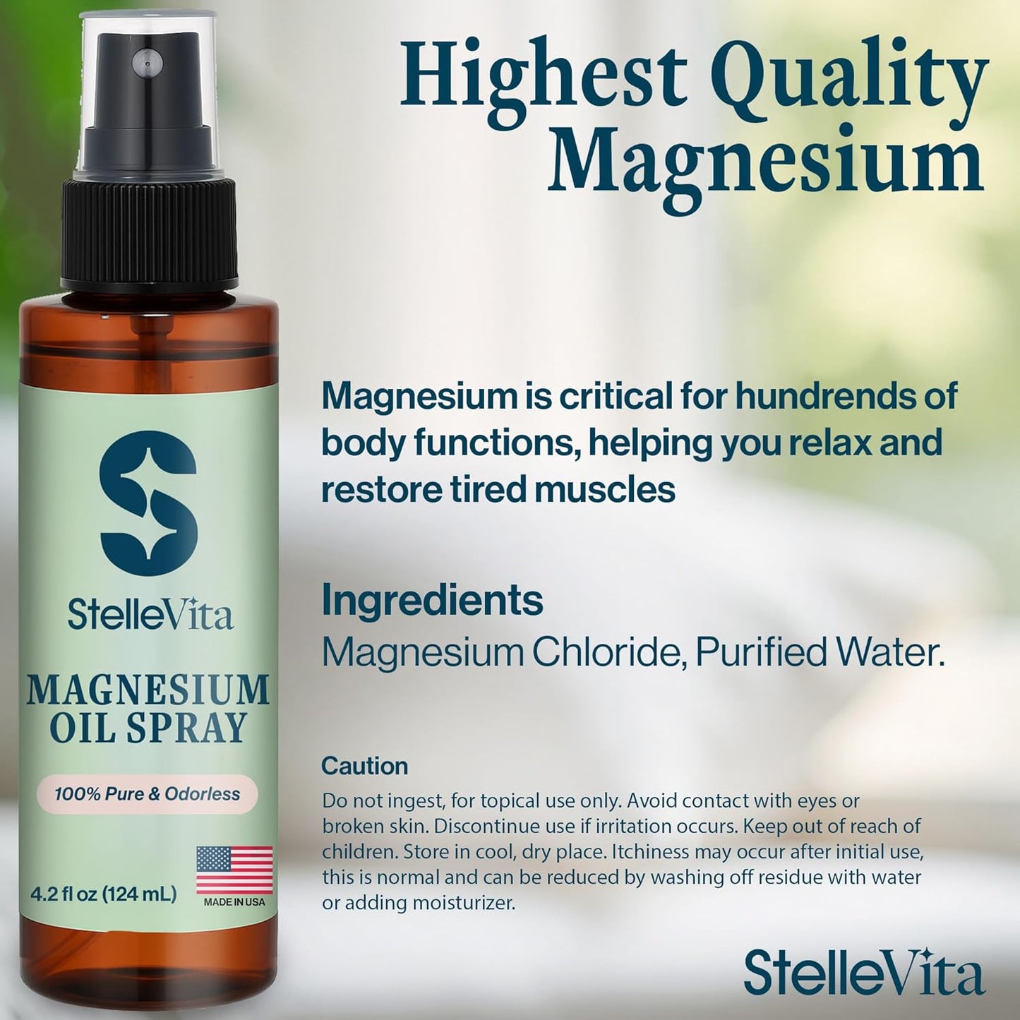 Pure Magnesium Oil Spray 4oz - Extra Strength Topical Magnesium Spray for Feet, Body & Skin Care - Sleep and Relaxation 100% Natural Made in USA