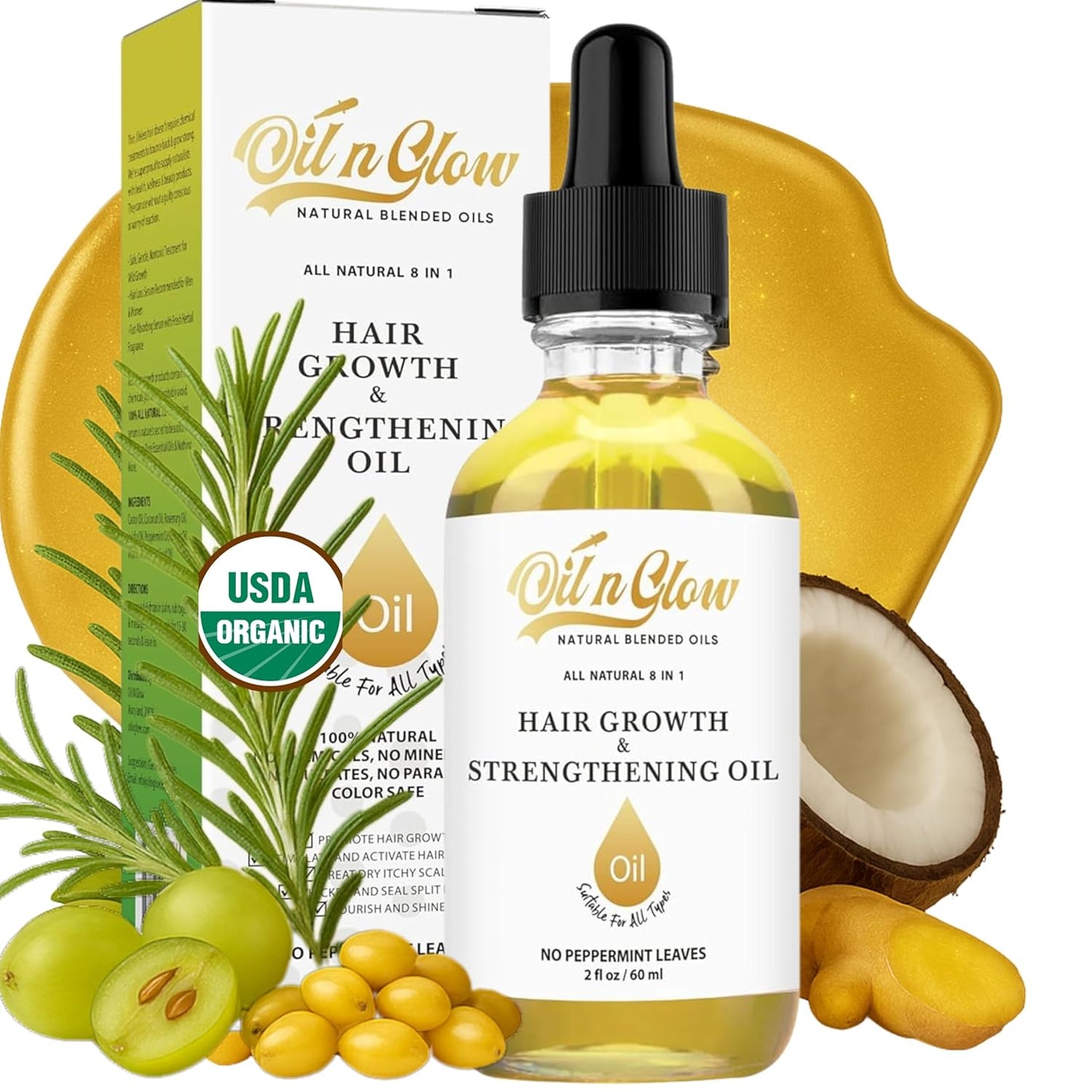 USDA Certified Organic 8 in 1 Natural Hair Growth Serum & Strengthening Oil with Rosemary, Castor, 100% Vegan Jojoba, Coconut, Grape Seed, Ginger & Scalp DHT Blocker Peppermint Oil -2 FL