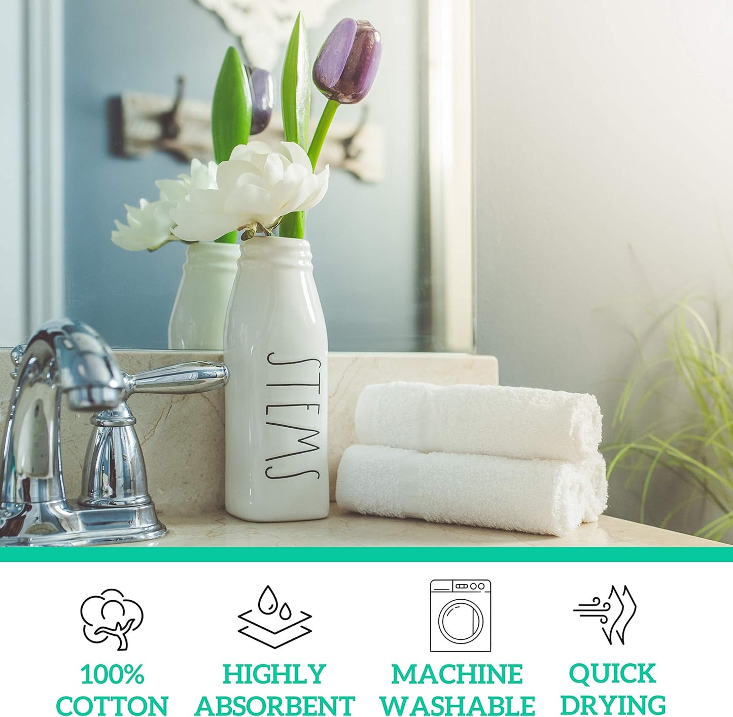 GREEN LIFESTYLE Bulk Washcloths 12x12 50 Pack - Face Towel, Wash Clothes for Body and Face - 100% Pure Cotton Wash Cloths for Your Body (White)