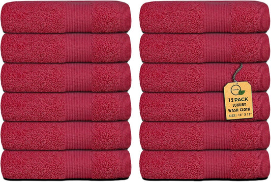 Premium Wash Cloths Pack of 12 (13" x 13") 100% Ring Spun Cotton | Luxury Washcloths | Ultra Soft Face Towels | Highly Absorbent Wash Cloths for face (Burgundy)
