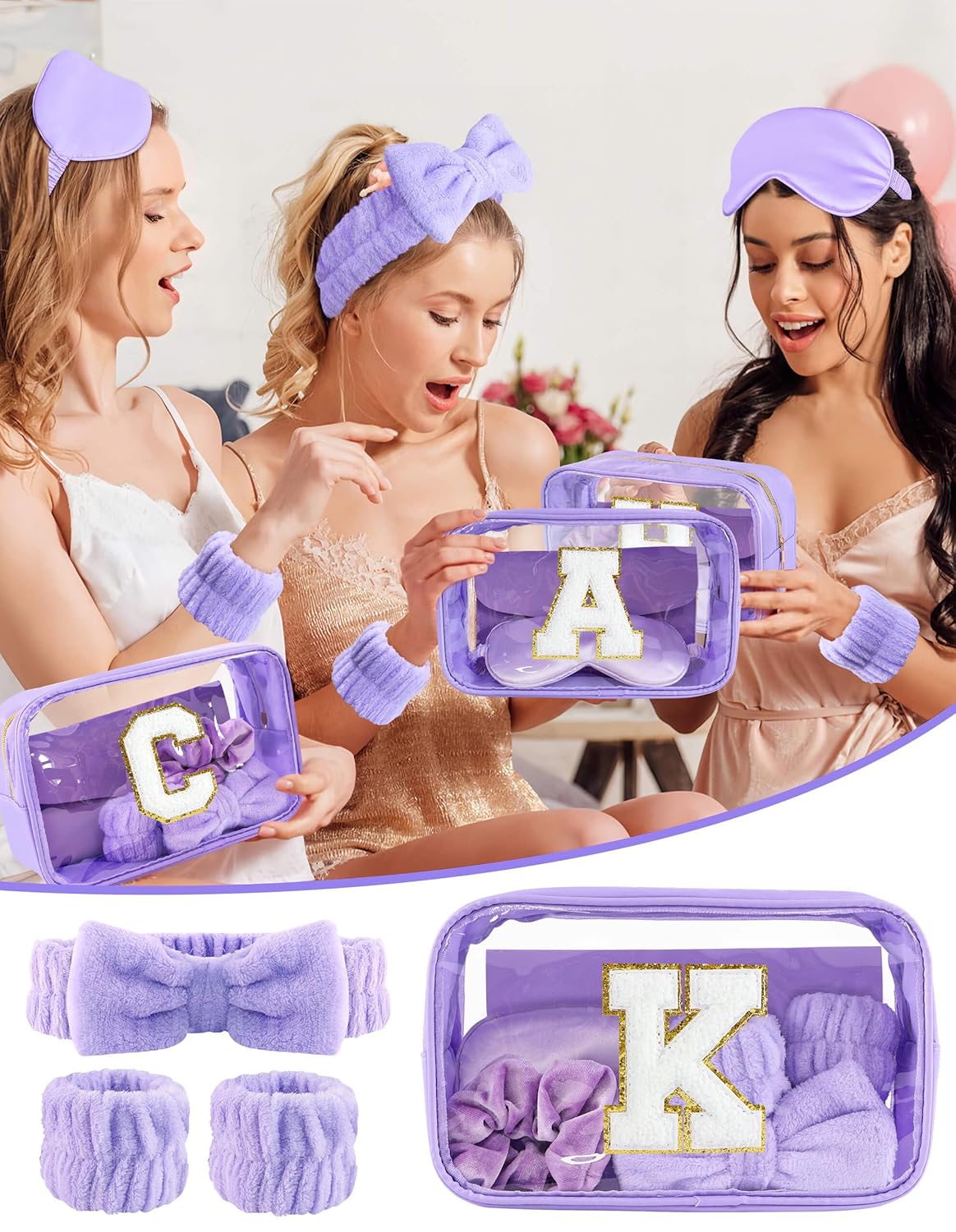 Gift Sets for Women, Initial Makeup Bag with Makeup Brush Set Bachelorette Party Favors, Purple Spa Kit with Skincare Headbands Wrist Bands Sleepover Party Supplies Gifts for Teen Girls Bridesmaid K