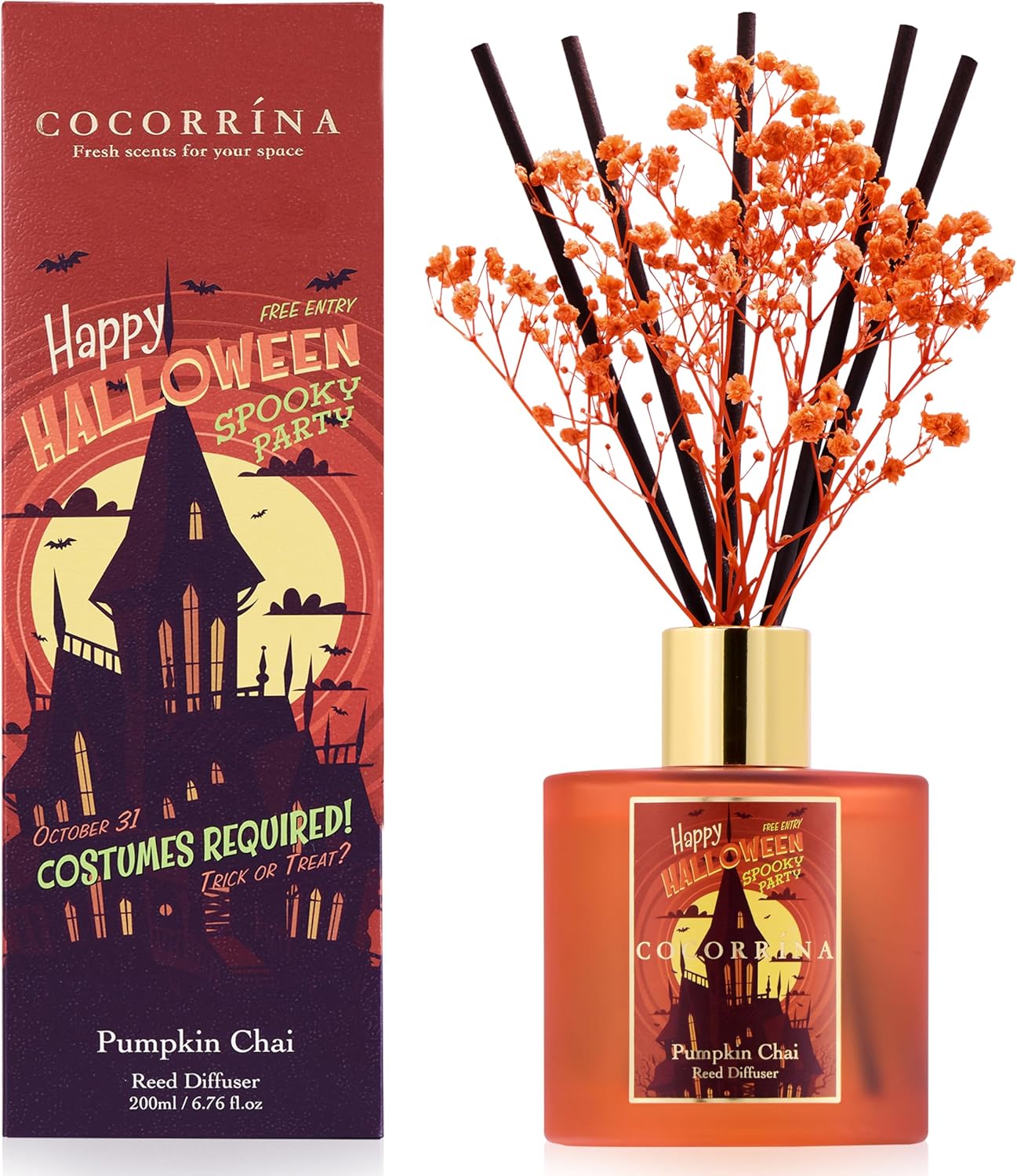 COCORRÍNA Reed Diffuser - Pumpkin Chai 6.7 fl oz Scented Diffuser with 8 Sticks Home Fragrance Bathroom Shelf Decor (Halloween Collection)