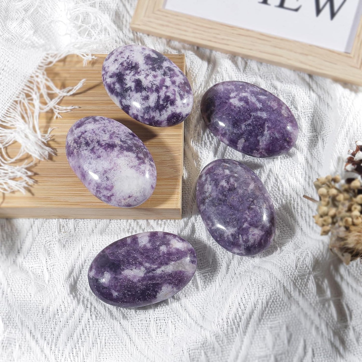 Natural Purple Lepidolite Oval Polished Worry Stones, Healing Crystal Indoor Fountain Stones Massage Energy Anxiety Relief Items