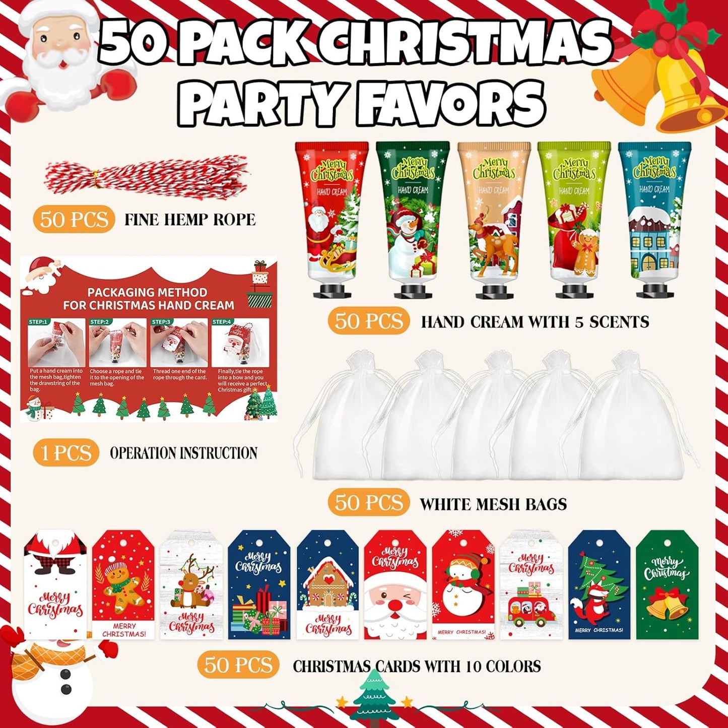 VESPRO 50 Sets Christmas Hand Cream Gift for Women, Hand Lotion for Christmas Party Favors with Christmas Cards and Organza Gift Bags, Christmas Decorations and Stocking Stuffers Gifts for Women