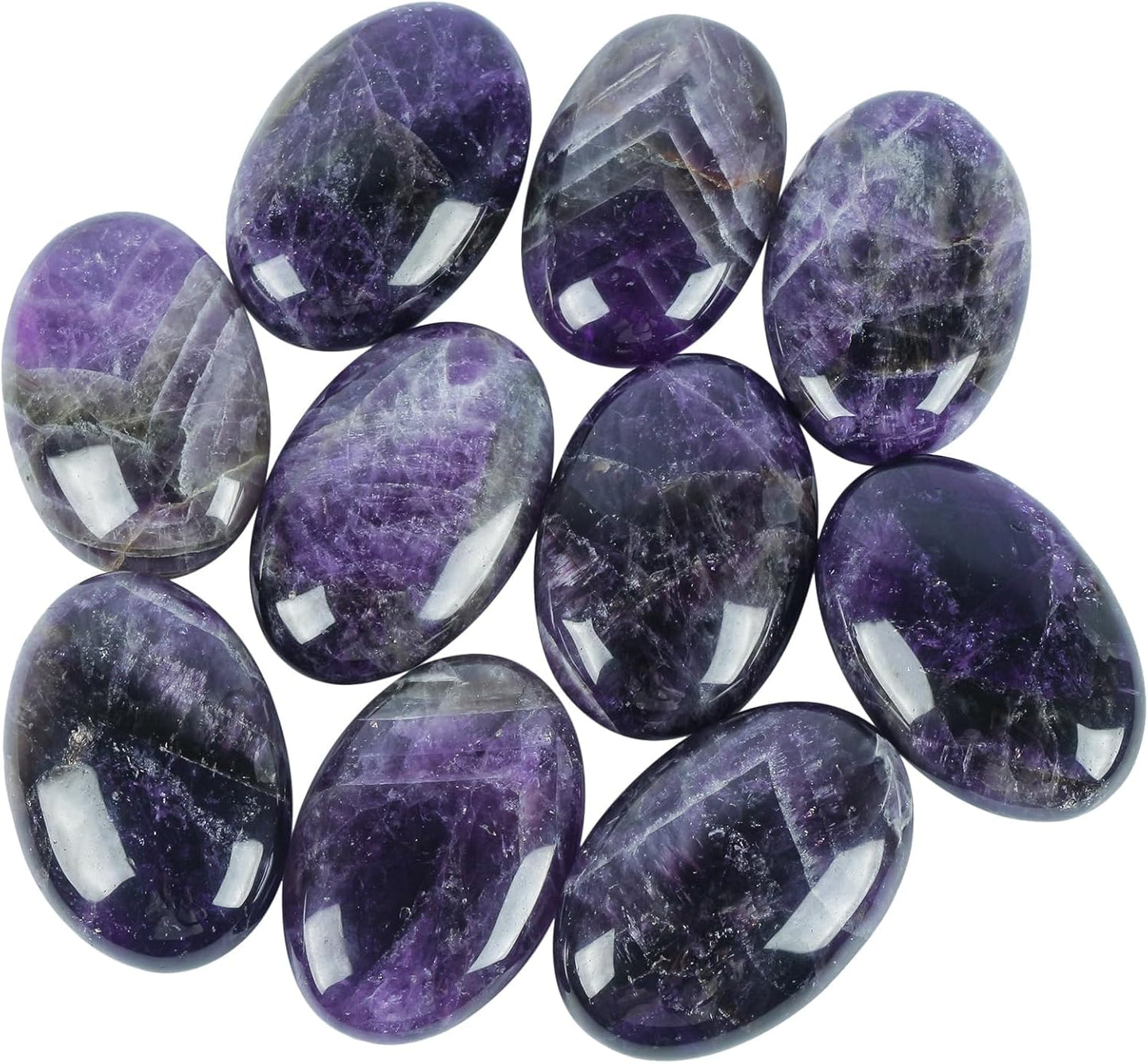 Natural Amethyst Oval Polished Worry Stones, Healing Crystal Indoor Fountain Stones Massage Energy Anxiety Relief Items