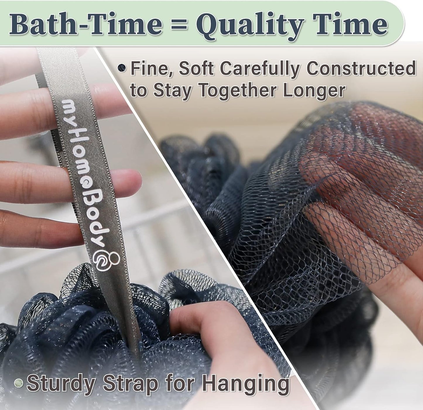 myHomeBody Large 70g Loofah Sponge, Body Scrubber, Bath Sponge, Loofah for Women, Men, Exfoliating Sponge Shower Pouf with Activated Charcoal - 2 Sea Foam Green + 1 Navy Blue, 3 Pack