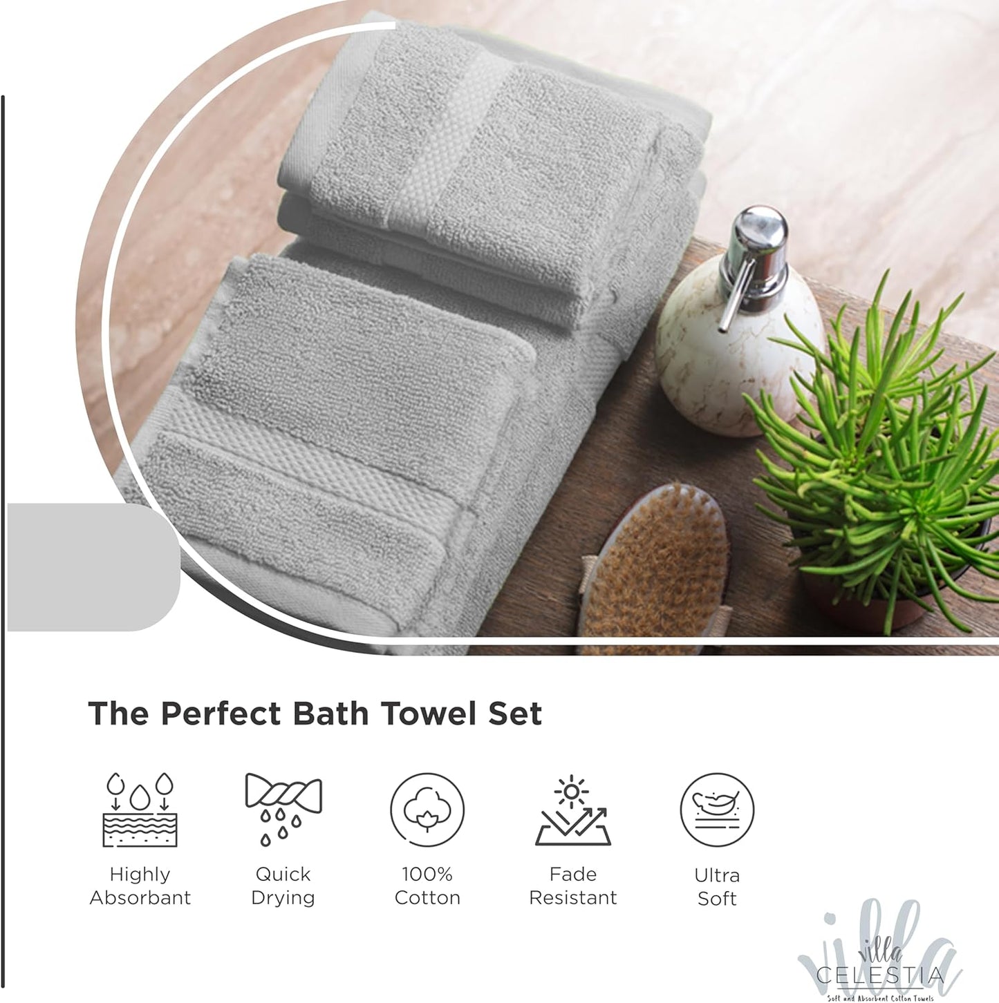 100% Cotton Bath Towel Set of 10-2 Bath Towels, 4 Hand Towels, 4 Wash Cloths, Sustainable, Soft, Highly Absorbent, Combed Cotton 10 Piece Set for Hotels, Spa, Bathroom, Dorm, Silver