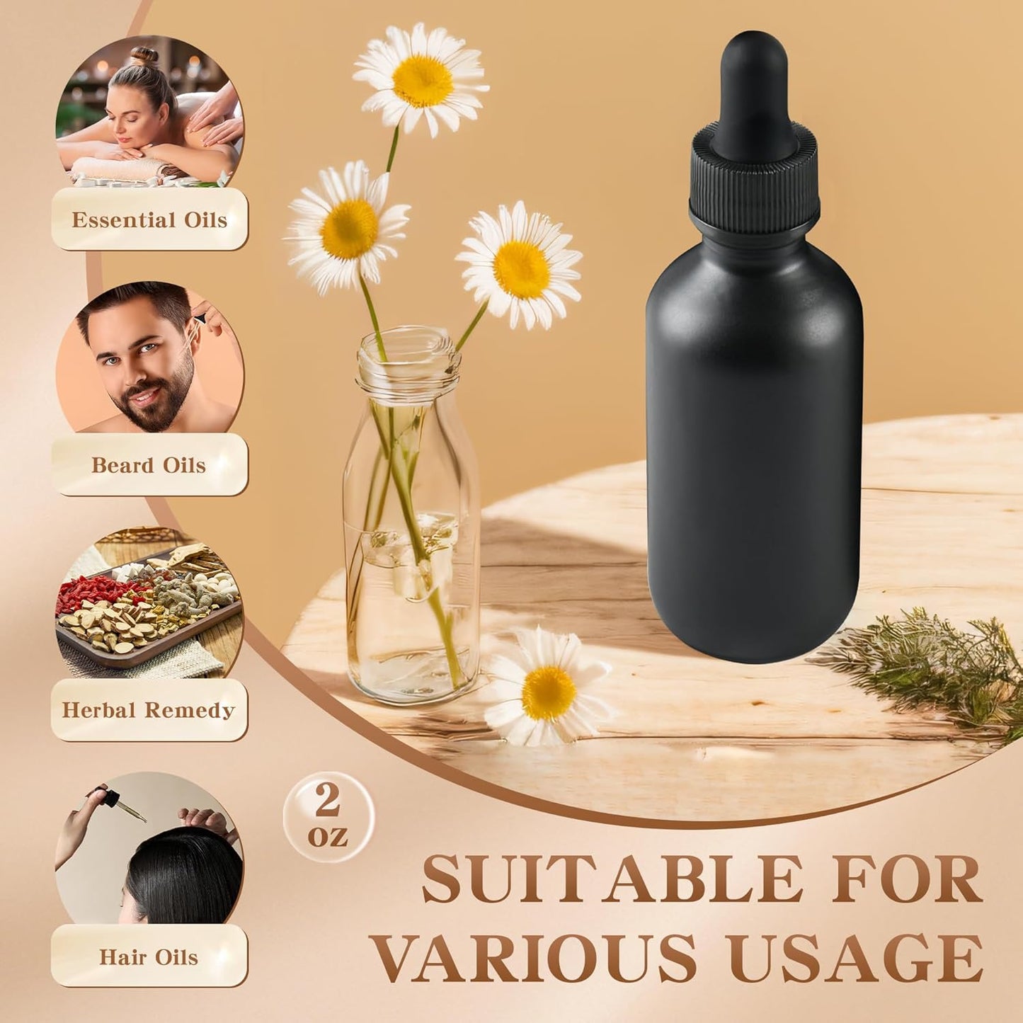 BILLIONSTARS 48 Pack 2oz Glass Boston Round Bottle with Graduated Calibrated Glass Pipettes - Black Frosted - Tincture Bottles for Essential Oils, Liquids - Leakproof Travel Bottles