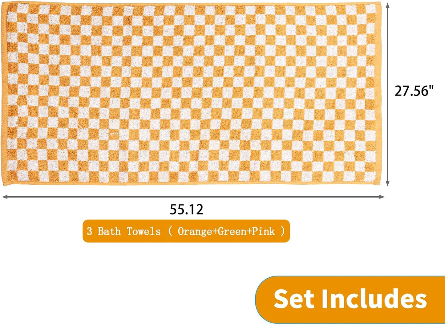 Checkered Bath Towel Set of 3, 100% Cotton Bath Towels Large, 520GSM, 55.12"*27.56", Luxury Shower Towels for Bathroom, Soft Absorbent Quick-Dry（Orange+Dark Green+Pink）