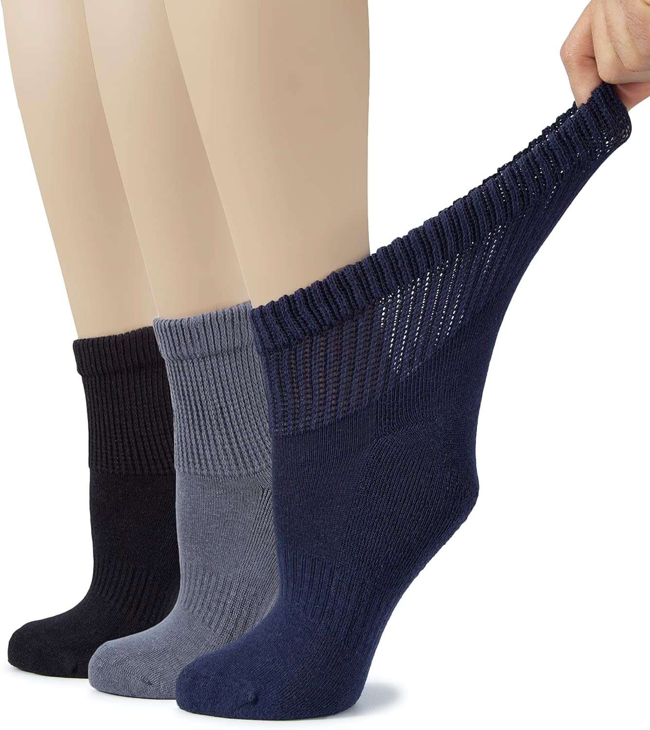 Hugh Ugoli Women's Cotton Diabetic Ankle Socks, Wide, Loose, Stretchy, Seamless Toe, Non Binding Top Semi Cushion, 3-6 Pairs