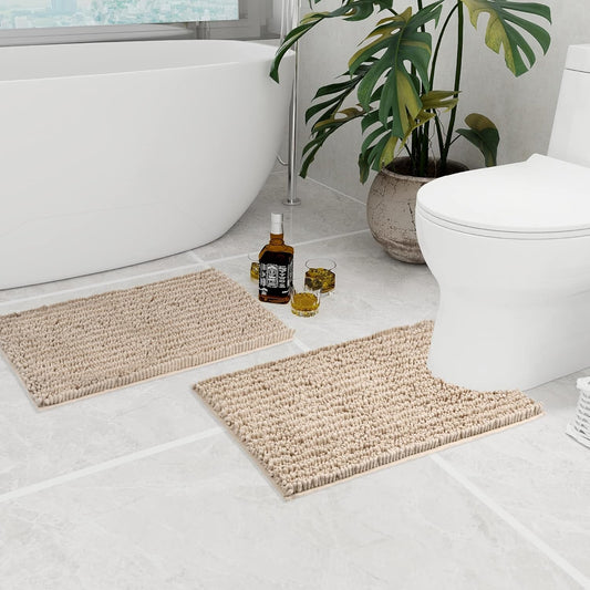 Walensee Bathroom Rug 2 Pieces Set Non Slip Bath Mat (20"x32" Plus 20"x24" U Beige) Water Absorbent Super Soft Shaggy Chenille Machine Washable Dry Extra Thick Perfect Carpet for Shower Floor
