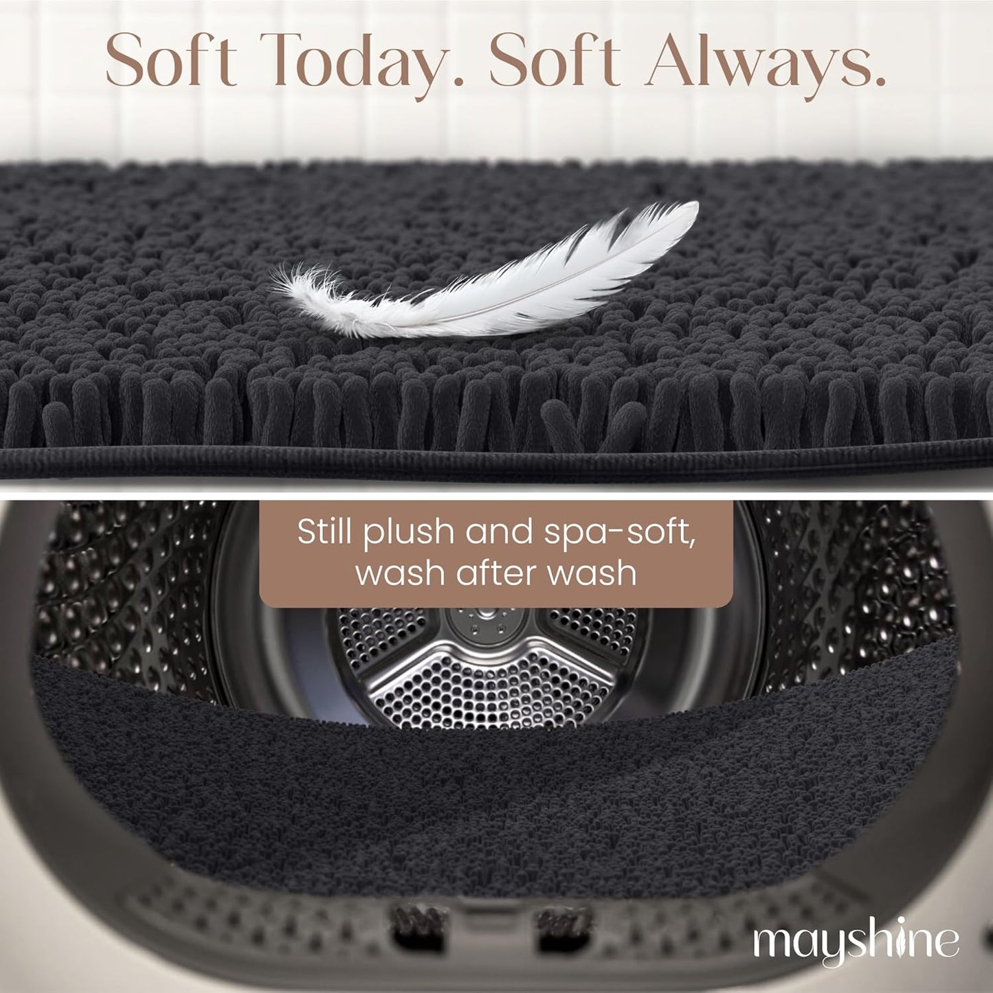 MAYSHINE Plush Shaggy Chenille Bath Mat | Extra Soft, Super Absorbent, Non-Slip Bathroom Rug | Fluffy Microfiber, Area Rug Sets for Bathroom Floor, Kitchen, Living Room | 47"x27" | Black