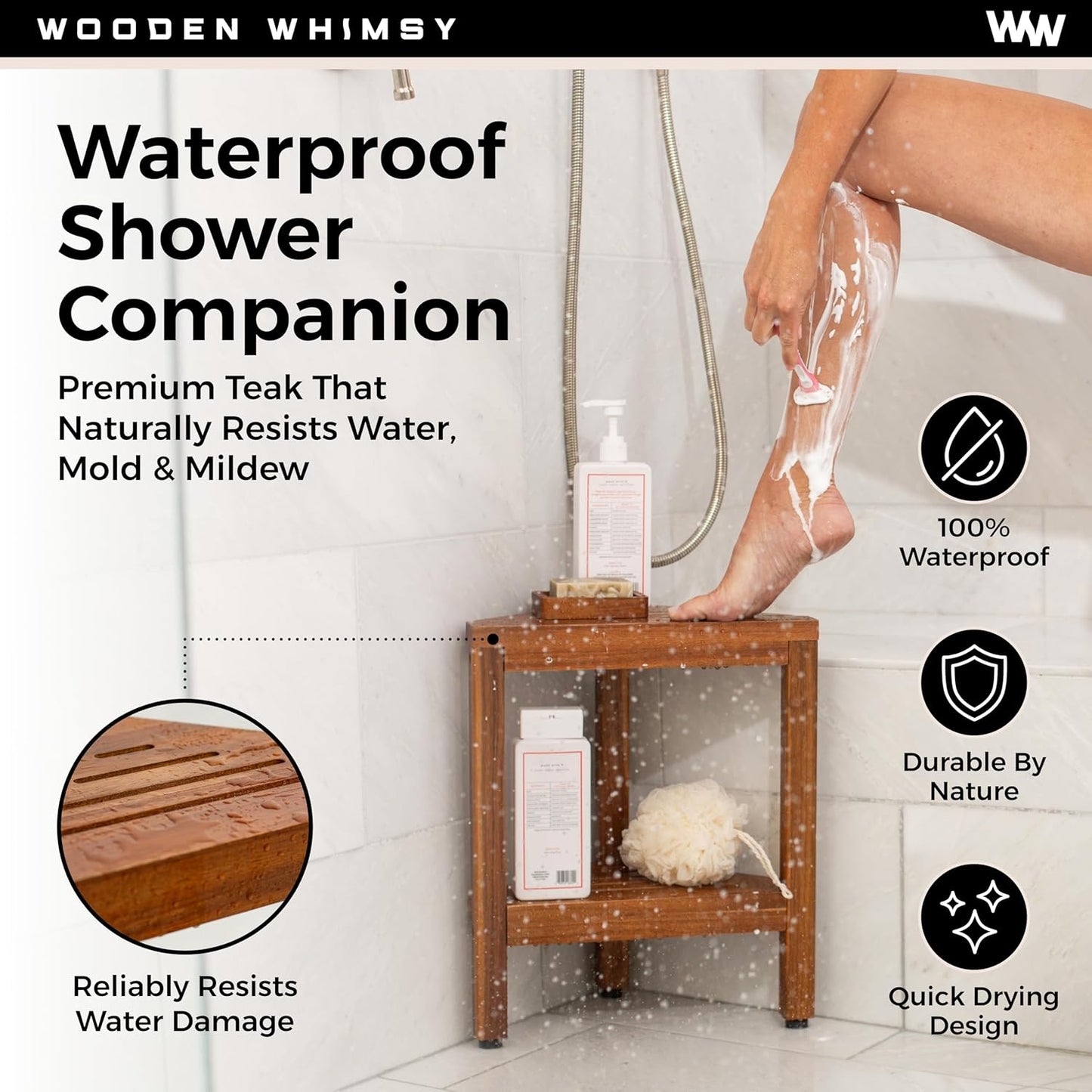 Teak Corner Shower Bench with Matching Soap Holder - Sturdy Waterproof Bathroom Stool Chair with Storage Shelf for Bathing Supplies - Bath Seat and Foot Rest for Shaving Legs - 15" x 15" x 18"