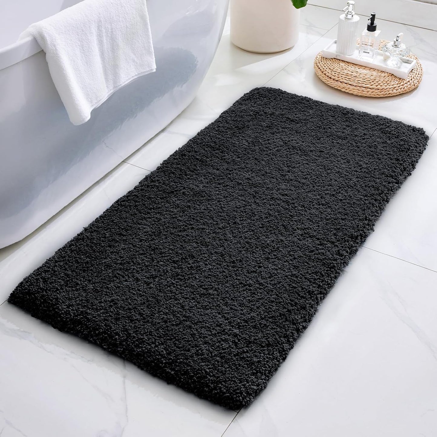 ILANGO Black Bathroom Rugs 60" × 24" Non Slip & Super Absorbent Thick Soft, Washable Bath Carpet Runner for Floor, Microfiber Plush Shaggy Bath Mats with Rubber for Bedroom Bathtub Shower Room
