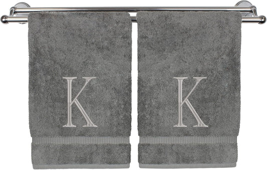Monogrammed Hand Towel, Personalized Initial Gift, Extra Absorbent 100% Turkish Cotton - Soft Terry Finish - Set of 2 - Silver Block Initial K - Embroidered on Grey Towels