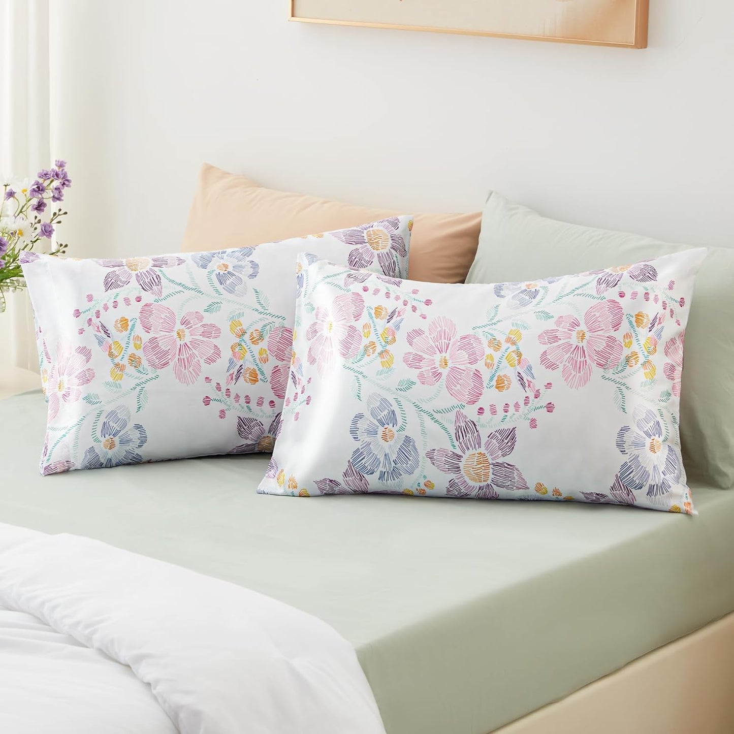 EXQ Home Satin Pillowcase for Hair and Skin - Multicolor Printed Flower Silk Pillowcase 2 Pack 20x26 inches - Standard Size Satin Pillow Cases Set of 2 with Envelope Closure