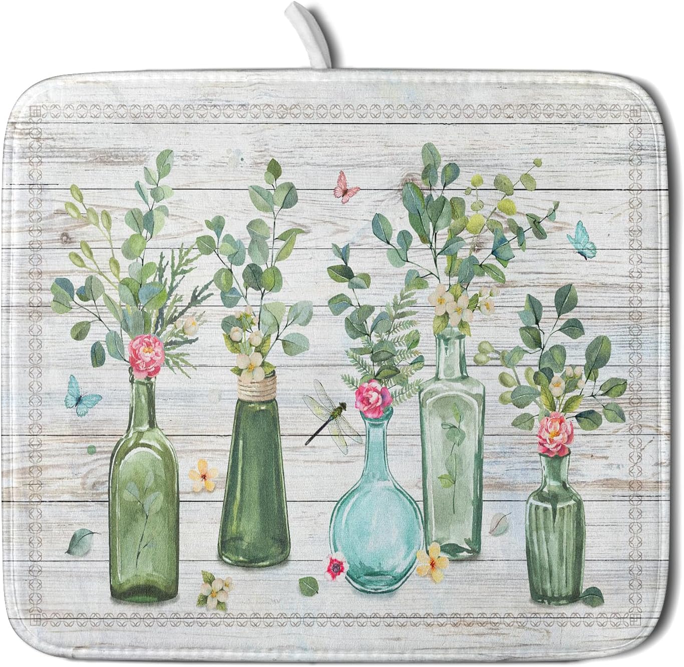 Fern Leaf Vase Dish Drying Mat 16x18 Inch Eucalyptus Leaves Microfiber Absorbent Dish Drainer Mat Reversible Drying Pad for Kitchen Counter Sink