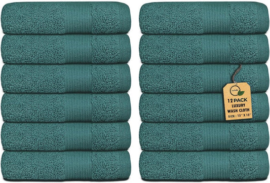 Premium Wash Cloths Pack of 12 (13" x 13") 100% Ring Spun Cotton | Luxury Washcloths | Ultra Soft Face Towels | Highly Absorbent Wash Cloths for face (Teal)