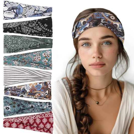 obeoby 8 Pack Headbands for Women, Boho Style Headbands Non Slip Fashion Wide Headband Hair Wrap Stocking Stuffers for Women Girls