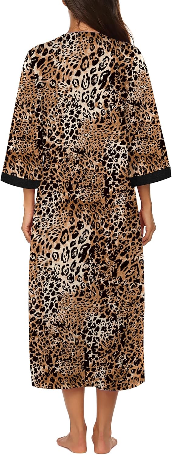 Ekouaer Women Zipper Robe 3/4 Sleeves Loungewear Dress Full Length Sleepwear Pockets Housecoat Nightgown Long Bathrobe