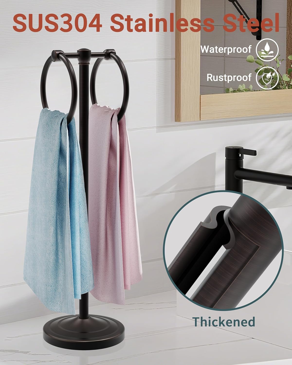 Hand Towel Holder Stand, SUS304 Stainless Steel Weighted Hand Towel Stand for Bathroom Kitchen Countertop Towel Stand with Double Stand Hand Towel Ring Total Height 18"(Oil Rubbed Bronze)