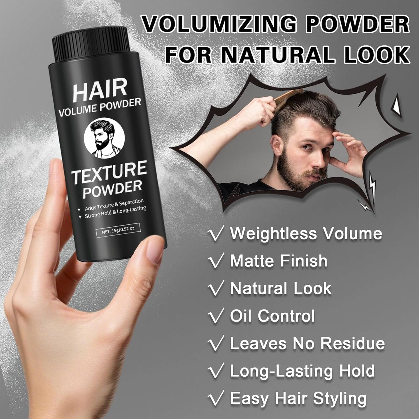 Hair Texture Styling Powder for Men & Women, Hair Texturizing & Volumizing Powder Add Instant Volume Long-Lasting Hold Non-Greasy Matte Finish for All Hair Types - 0.52 Oz