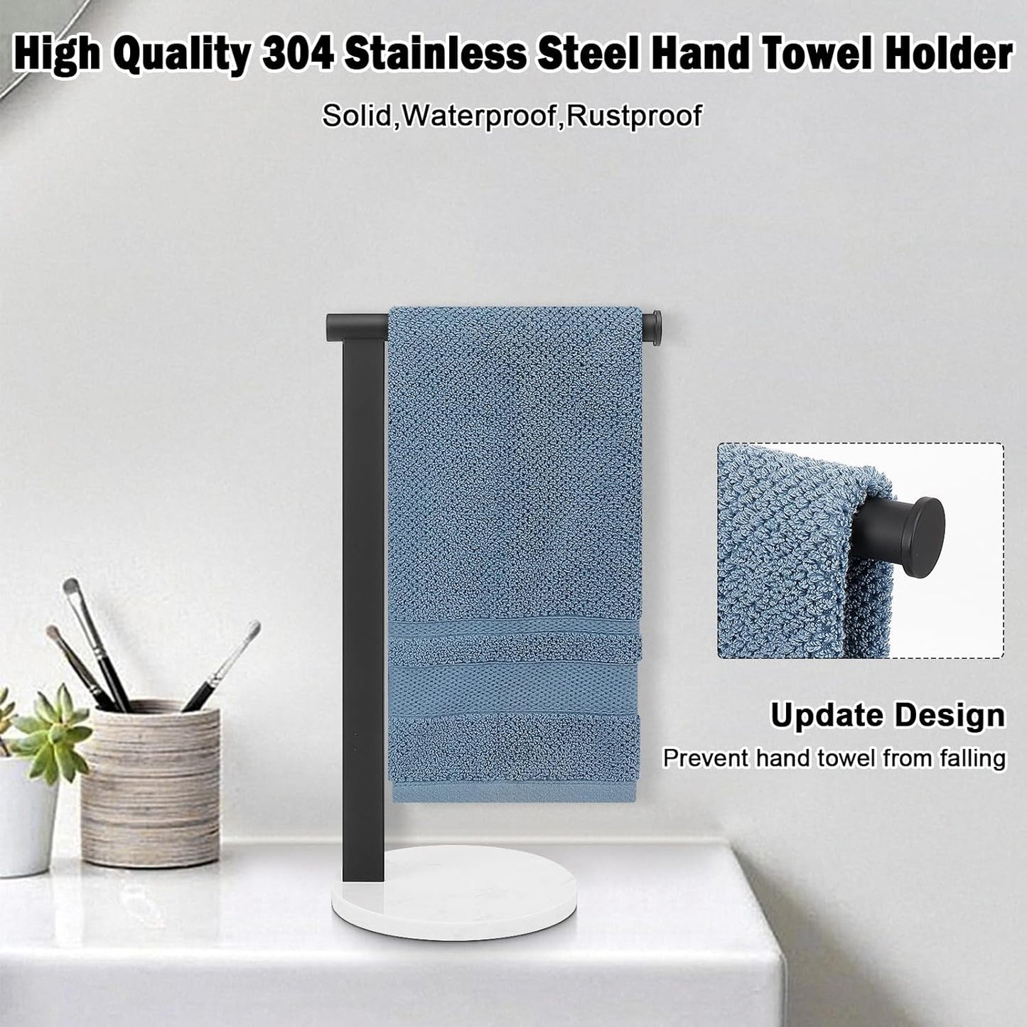 Stainless Steel L-Shaped Hand Towel Holder, SUS304 Bathroom Towel Rack with Thickened Base for Countertop Vanity (Matte Black)